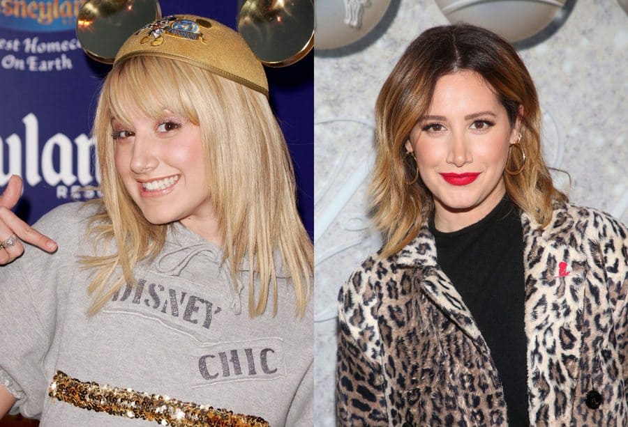 Ashley Tisdale at the Disneyland 50th Anniversary Celebration in 2005. / Ashley Tisdale at the Brooks Brothers Holiday Party in 2019.