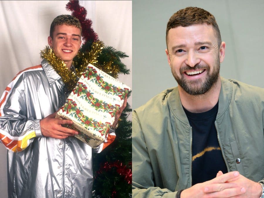 Justin Timberlake as an early NSYNC member posing with a Christmas present and a tree in 1997. / Justin Timberlake at the Trolls World Tour film photocall in 2020.