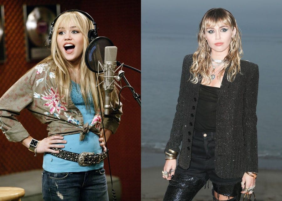 Miley Cyrus recording in a studio as Hannah Montana on her show in 2006. / Miley Cyrus at a red-carpet event in 2019.