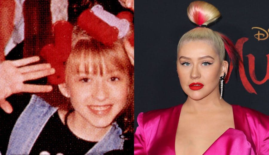 Christina Aguilera with rollers in her hair onset of the Mickey Mouse Club. / Christina Aguilera at the Mulan film premiere in 2020.