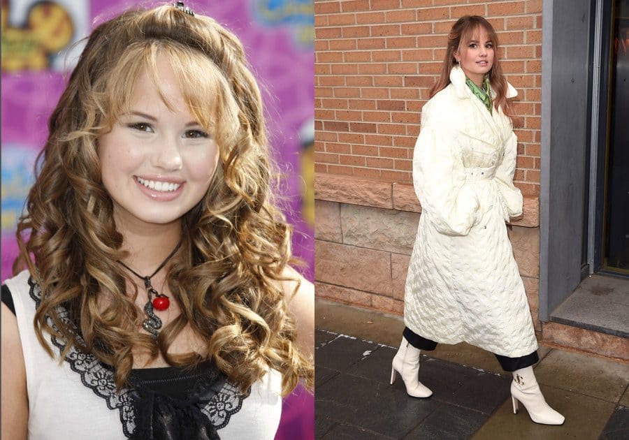 Debby Ryan at the Cheetah Girls One World premiere in 2008. / Debby Ryan out and about in 2020 in a long white coat and white boots.