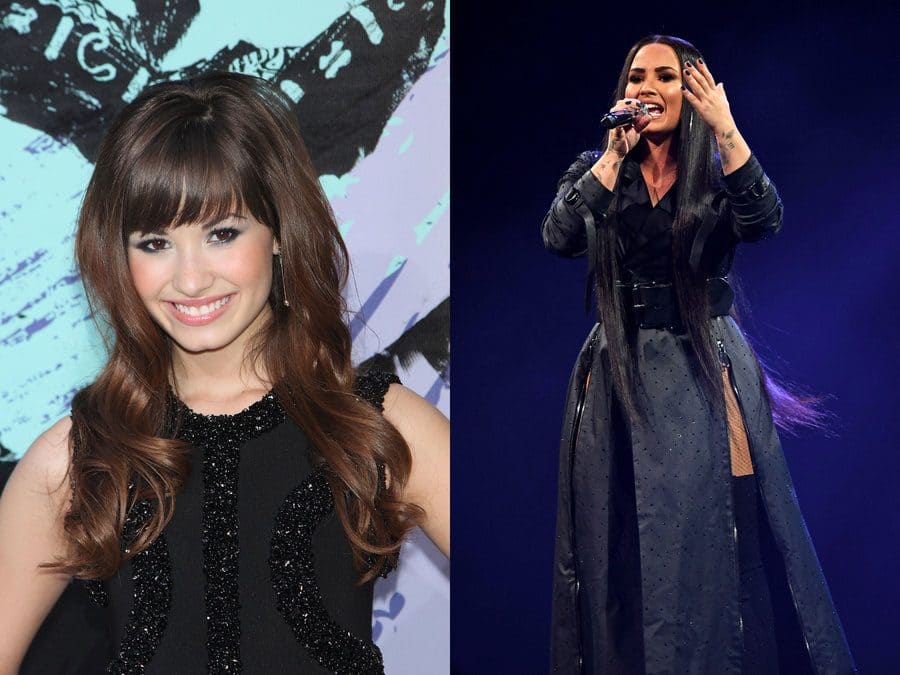 Demi Lovato at the Camp Rock film premiere in 2008. / Demi Lovato in concert in 2018.
