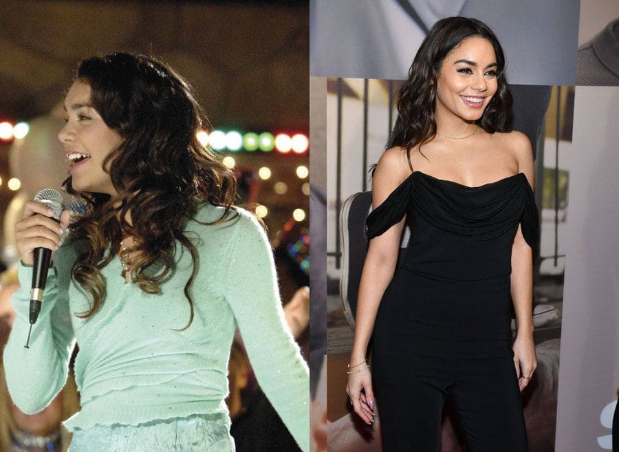 Vanessa Hudgens in High School Musical in 2007. / Vanessa Hudgens at the West Side Story musical opening night in 2020.