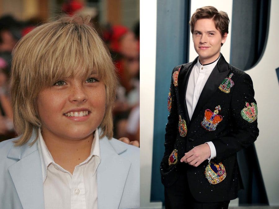 Dylan Sprouse at the Pirates of the Caribbean premiere. / Dylan Sprouse in a suit at the Vanity Fair Oscar Party in 2020.
