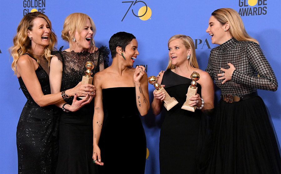 Laura Dern, Nicole Kidman, Zoe Kravitz, Reese Witherspoon and Shailene Woodley of 'Big Little Lies' pose at the Golden Globe Awards. 