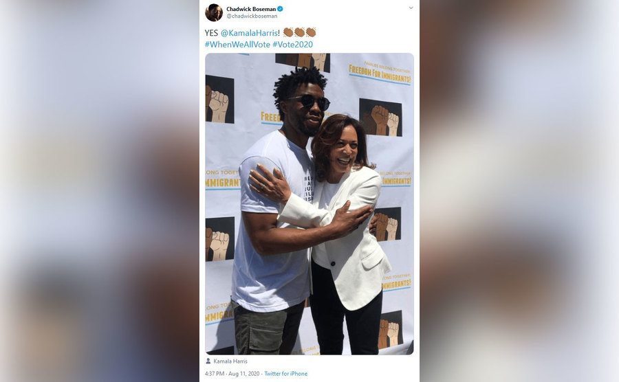Chadwick Boseman posts a picture of him and Kamala Harris on Twitter. 