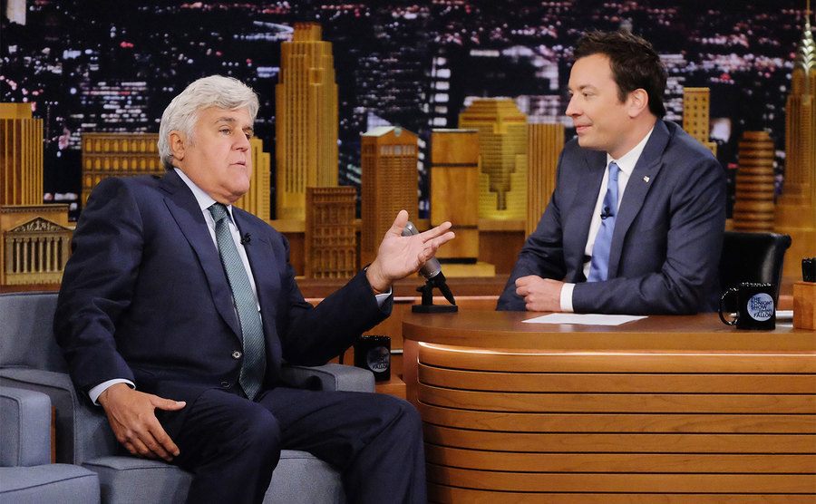 Jay Leno answers questions from host Jimmy Fallon as he visits 