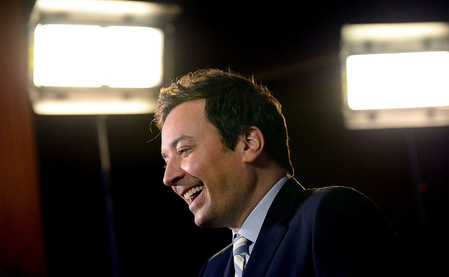 Jimmy Fallon answers questions from the media. 