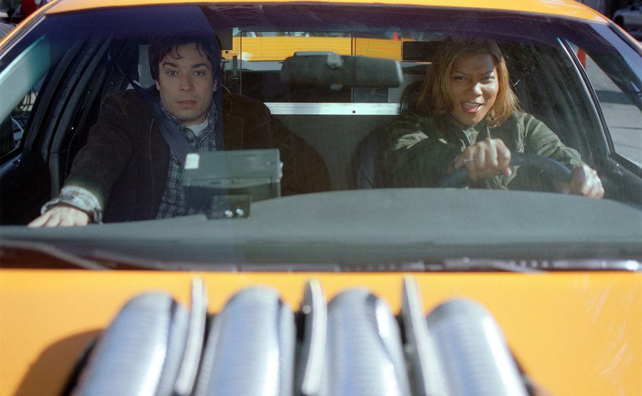 Jimmy Fallon and Queen Latifah in a still from Taxi. 