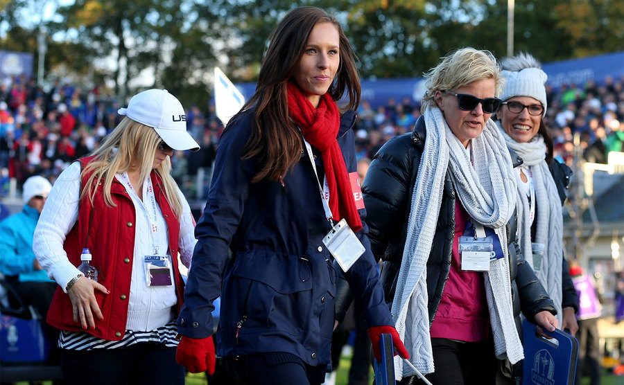 Erin Walker, wife of Jimmy Walker, walks the course during the Ryder Cup.