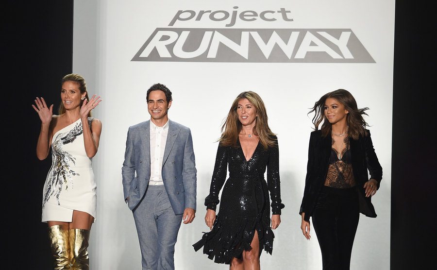Heidi Klum, Zac Posen, Nina Garcia, and Zendaya greet the audience at the Project Runway fashion show. 