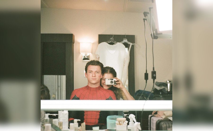 Zendaya takes a mirror selfie of her and Tom Holland in his dressing room. 
