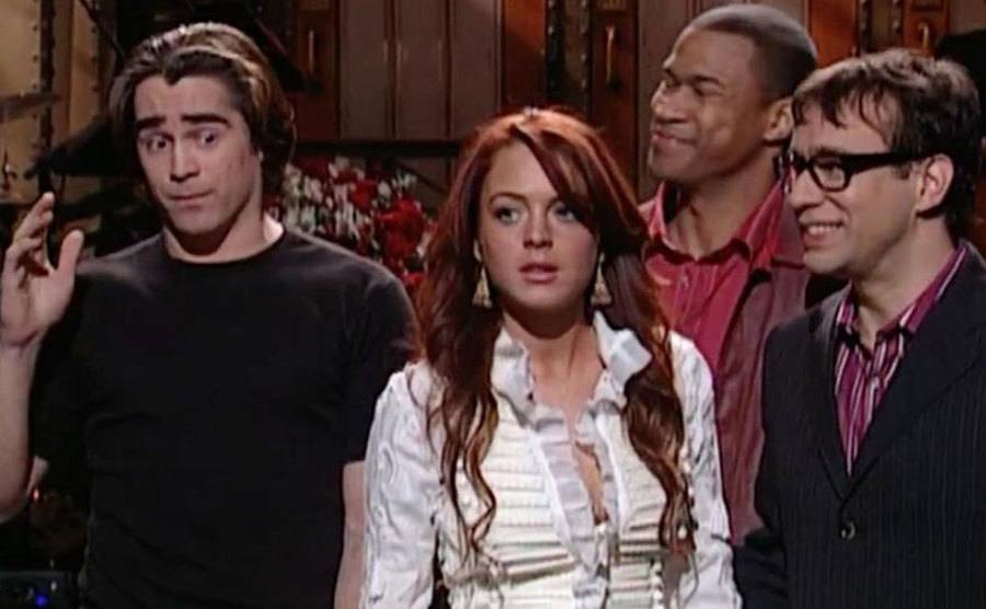 A still of Farrell and Lohan in an episode of SNL.
