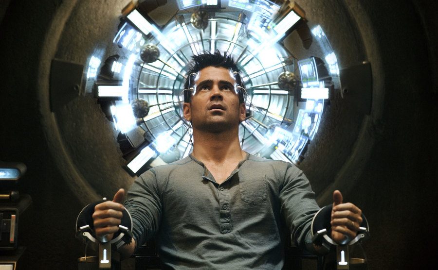 A promotional still of Farrell in a scene from Total Recall.