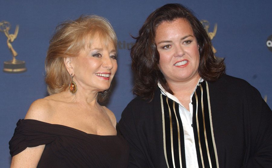 Barbara Walters and Rosie O'Donnell pose for the press.
