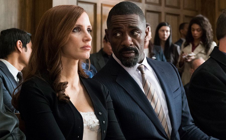 Jessica Chastain and Idris Elba in a still from Molly’s Game. 