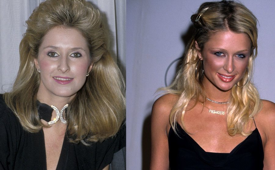An image of Kathy Hilton at a young age / A dated picture of Paris Hilton.