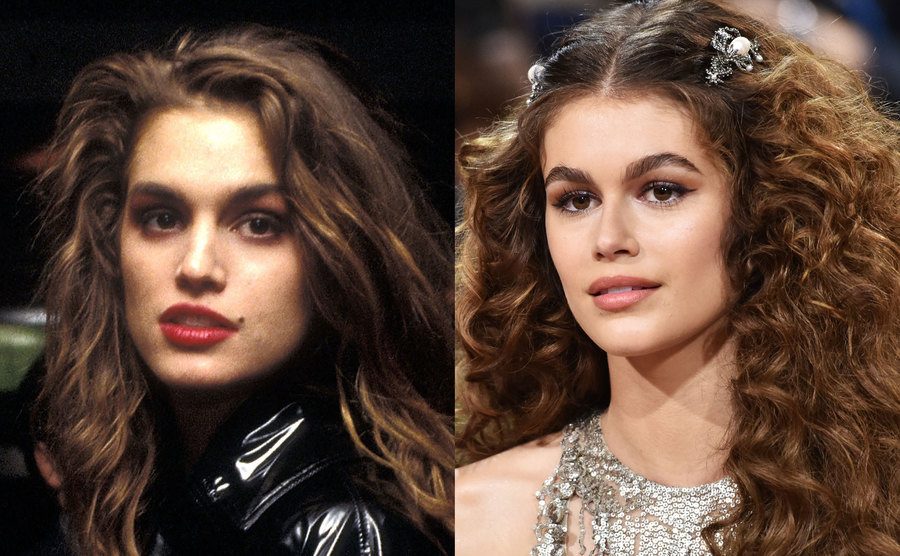 A dated image of Cindy Crawford / A photo of Kaia Gerber at a younger age.