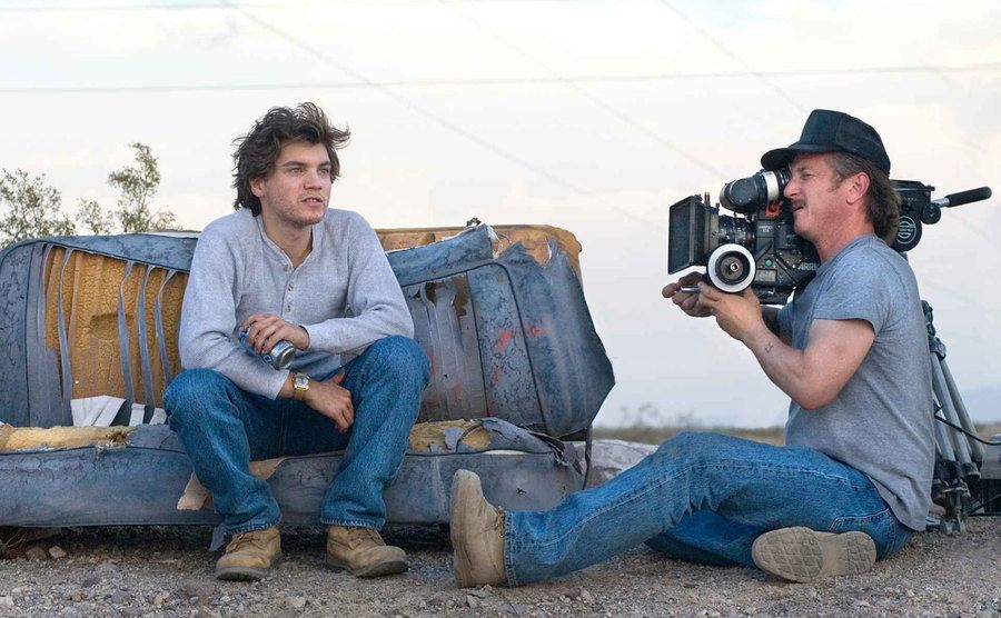 A photo of Emile Hirsch and Sean Penn behind the scenes of Into the Wild.