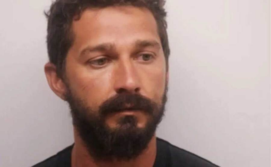 Shia LaBeouf stands for his mugshot. 