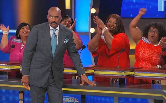Steve Harvey reacts to a crazy answer from the contestants. 