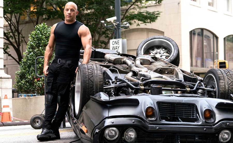 Vin Diesel, as Dominic Toretto, poses on the set of Fast & Furious 8. 