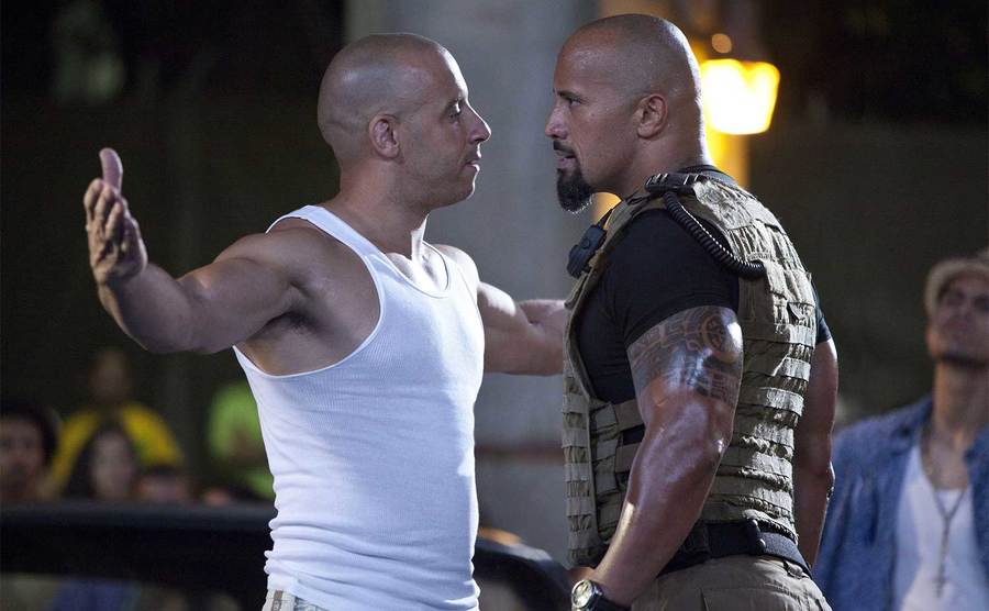 Vin Diesel and Dwayne Johnson face off in a scene from Fast Five. 