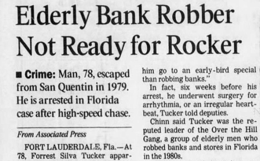 A newspaper clipping of Forrest Tucker crimes.