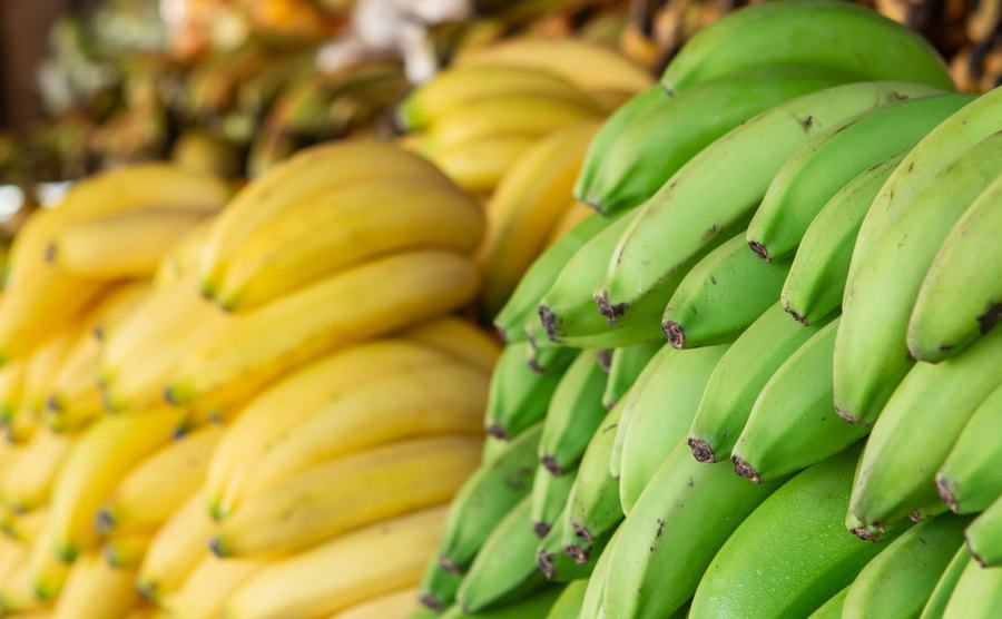 An image of yellow and green bananas at the market in Curacao.