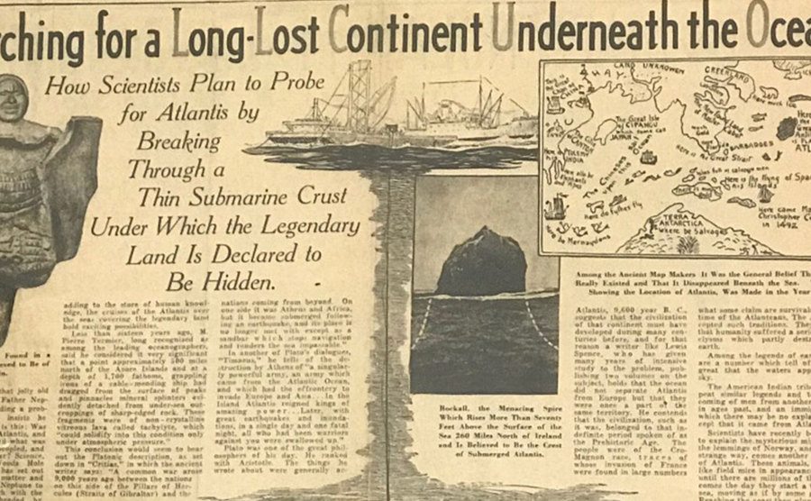 A newspaper clipping reads Searching for the Lost Continent Underneath the Ocean.