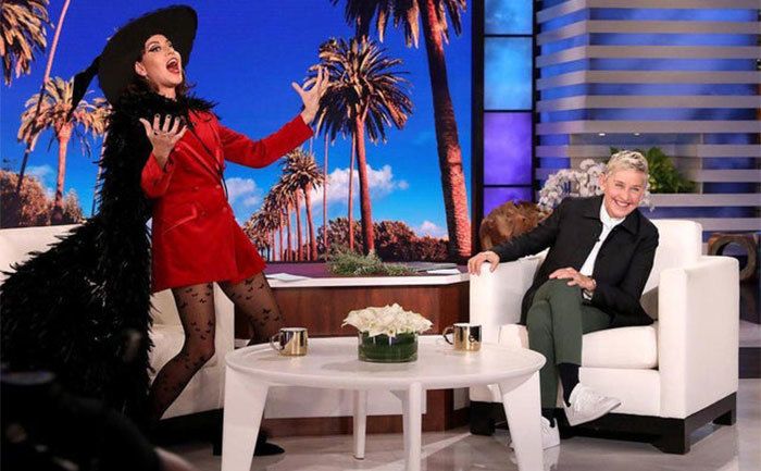 Plaza is dressed as a witch while on the Ellen Show. 