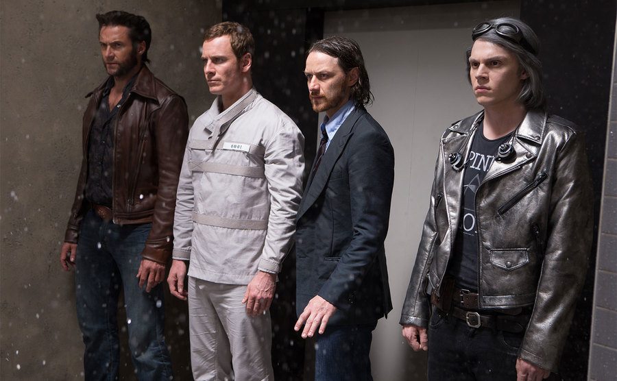 Hugh Jackman, Michael Fassbender, James McAvoy, and Evan Peters filming X-Men: Days of Future Past. 