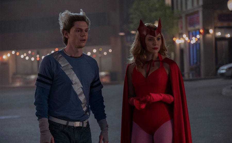 Evan Peters and Elizabeth Olsen in a still from WandaVision. 